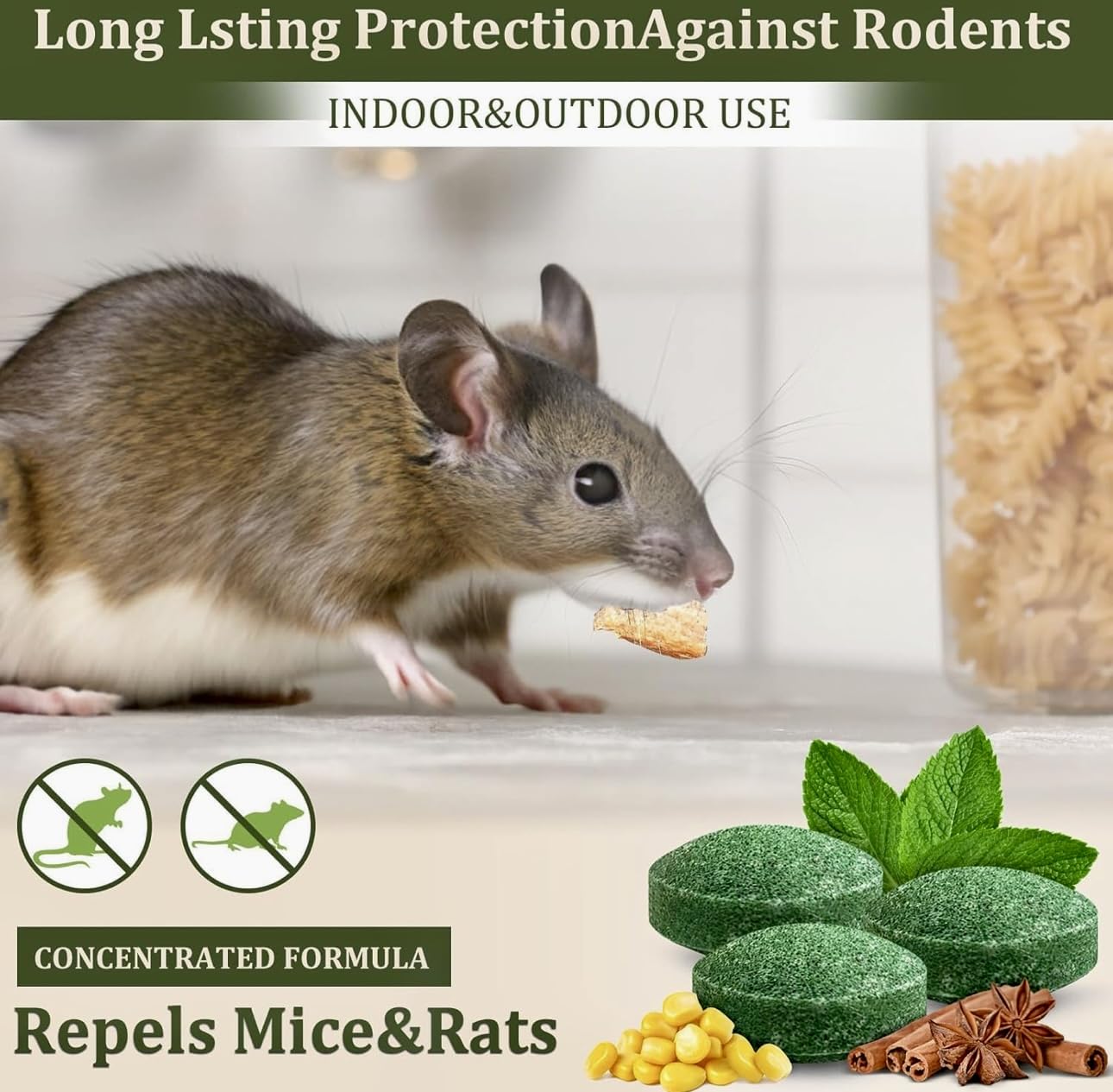 Omega™ Natural Peppermint Pest Repellent Balls in a 24-pack, showing small peppermint-scented pest repellent balls.